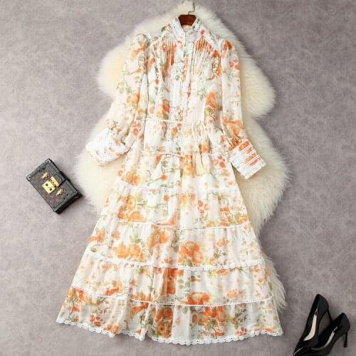 European and American womens wear for summer 2021 Long sleeve collar laminated lace splicing print Fashion dress