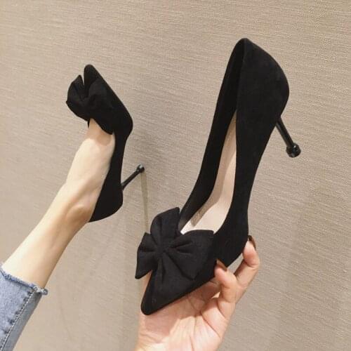 All-match bow 6cm/8cm high-heeled shoes women stiletto 2020 new plus velvet commuter single shoes large size