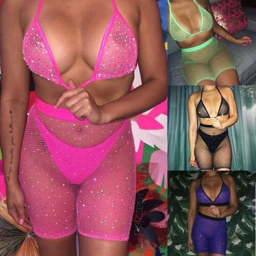 Echoine Summer Beading Slim Sexy Hot Women Two Piece Outfits Mesh Neon Bralette And Shorts Sets Fashion Night Party Clubwear Set