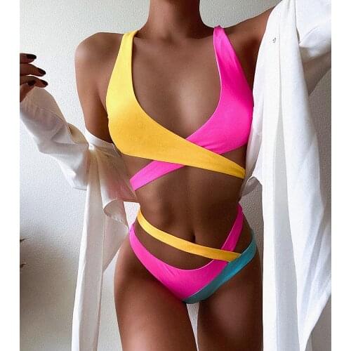 Sexy Contrast Color Bikini 2020 New High Waist Swimsuit Women Cross Push Up Swimwear Female Hollow Out Bikini Set Bathing Suits