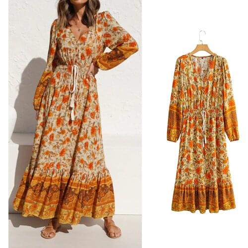 Women Bohemian Floral Print Cotton Ruffles Dress Za Fashion 2021 V Neck Long Sleeve Vintage Dress Female Chic Long Vestidos