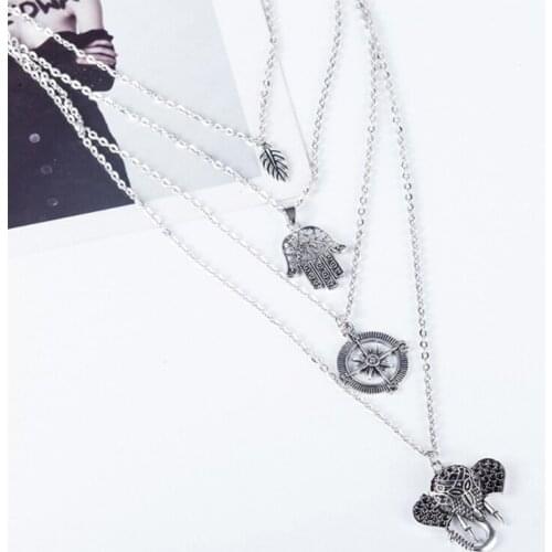 Boheme Lady Metal Multilayer Necklace Leaves Palm Compass Elephant Pendant Necklace Fashion Natural Necklace Jewelry New