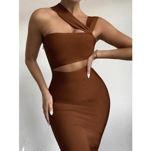 Women Summer Sexy Hollow Out Brown Midi Knee Length Bodycon Bandage Dress 2021 Designer Elegant Evening Party Dress Vestido