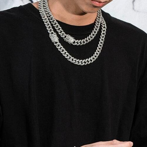 2021 Rhinestones 13MM Silver Color Full Curb Cuban Chain Bling Rapper Necklaces For Men Hip Hop Jewelry