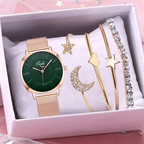 4PCS Bracelet Set Women Rose Gold Mesh Watches Luxury Ladies Quartz Stainless Steel Analog Wristwatches Reloj Mujer