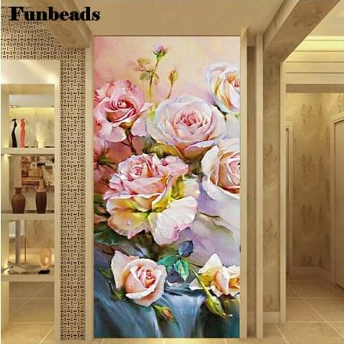 Large Diy Diamond Painting Vertical Pink rose flowers square round drill 5d Embroidery mosaic Corridor, entrance decor FF663