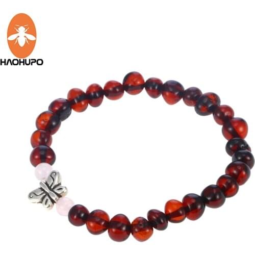 HAOHUPO Baltic Amber Teething Bracelets with Rose Quartz Baby Amber Jewelry Adults Gifts Elastic Fine Jewelry Butterfly Pulseras