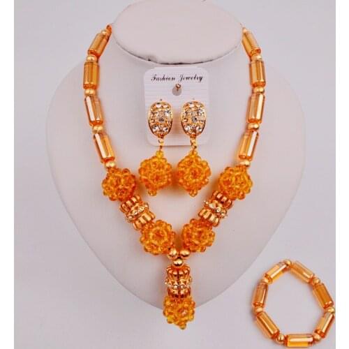 Pretty Champagne Gold Crystal Bead African Jewelry Set Nigerian Wedding Beads Necklace ZQ4-6