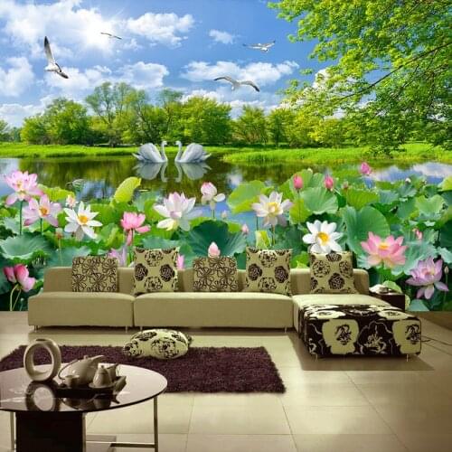 Custom Photo Wallpaper Lotus Pond Swan Lake Nature Landscape Large Murals Papel De Parede 3D Living Room Decoration Wall Mural
