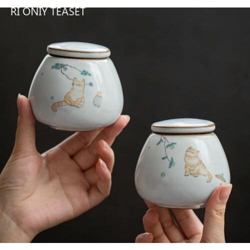 Chinese Ru Kiln Ceramics Tea Caddy Cute Cat Pattern Sealed Tea Leaf Container Travel Tea Bag Storage Box Kitchen Spice Organizer