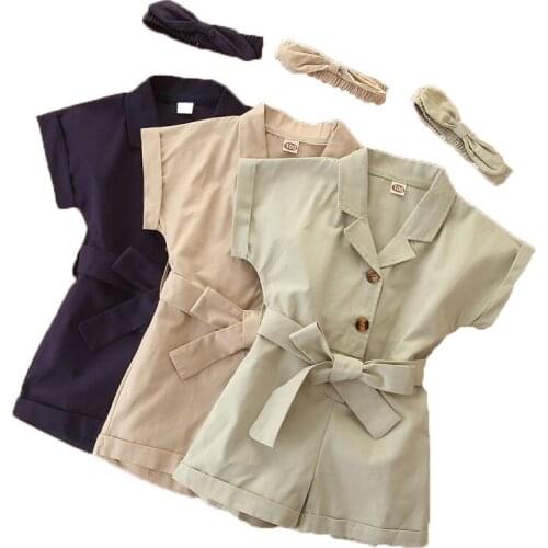 Summer Children Girls Short Sleeve Clothes Set Girls Solid Color Cotton Jumpsuit + Headwear Fashion Baby Playsuit Overalls