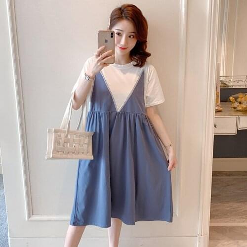22808# Maternity Clothes Summer Short Sleeves Easy Matching Loose Stylish False Two-piece Dress Pregnant Women Pregnancy