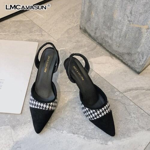 LMCAVASUN Women Fashion Houndstooth Pumps Ladies Designer Brand Sandals Pointed Toe High Heels Shoes