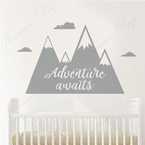 Cartoon Nursery Decals Adventure Awaits Mountains Clouds Wall Sticker Vinyl Home Decor Kids Baby Room Wall Paper Removable 4262