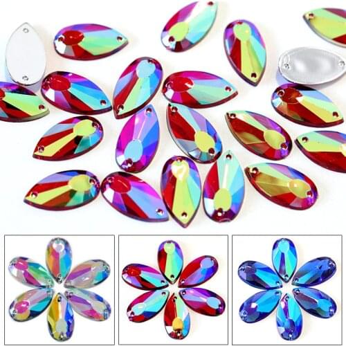 New Colors 9*17mm 50pcs Teardrop Acrylic Sew On Rhinestones Flatback Droplet Red AB Sew On Rhinestone For Dress Decoration B1037