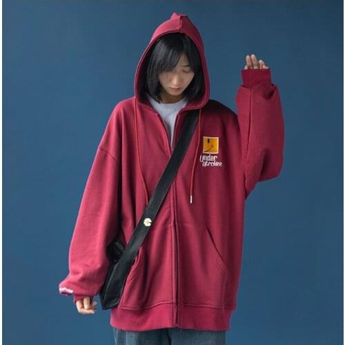 Obrix Female Sweet Casual Style Sporty Zip Up Hoodie Embroidery Full Sleeve Pockets Loose Hooded Sweatshirt For Women