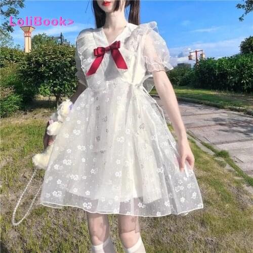 Lolibook V-Neck Floral Mesh Dress Bow Puff Sleeve Kawaii Tulle Mini Party Dress Japanese Summer Women Lolita White Fairy Dress