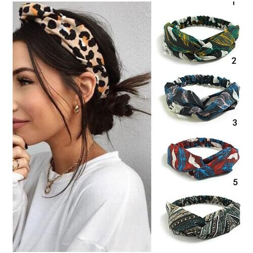 Retro Women Feather Printed Headband Boho Cross Knotted Elastic Hairband Female Fashion Hair Accessories Stretch Floral Headwear