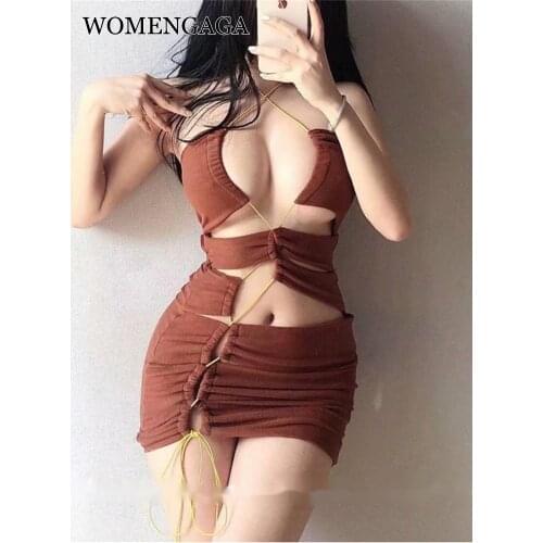 Sexy Halter Neck V Cross Sleeveless Bandage Hollowed Out Slim Mini Party Dress Short Summer Women Hot Korean Irregular Boho XC9N