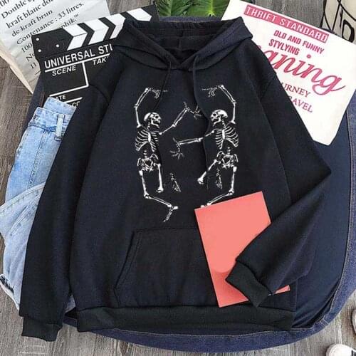 Gothic Streetwear Harajuku Hooded Sweatshirt Retro Skeleton Print Winter Long Sleeve Pullover Streetwear Female grunge clothes