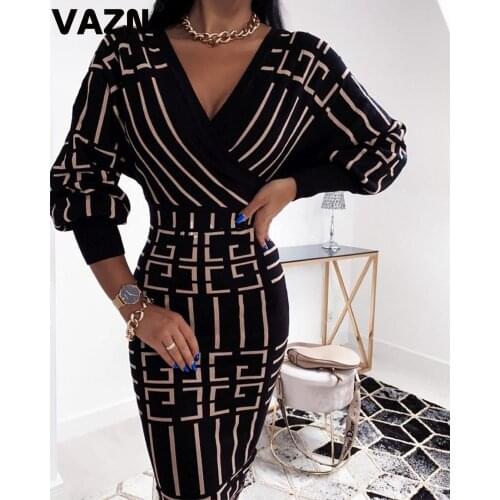 VAZN New Striped Print V-neck Elegant Fashion Mujer Chic Ladies Slim Holiday Shinny Dress 2020 Full Sleeve Lady Maxi Dress