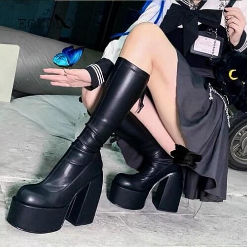 EOEODOIT Autumn Winter Western Boot Women Med Block Heel Knee Length Leather Booties Plush With Cotton