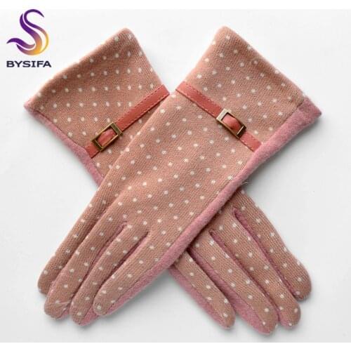 [BYSIFA] Women Polka Dot Wool Mittens Gloves Fashion Metal Buckle And Pu Design Cashmere Gloves Elegant Thick Warm Pink Gloves
