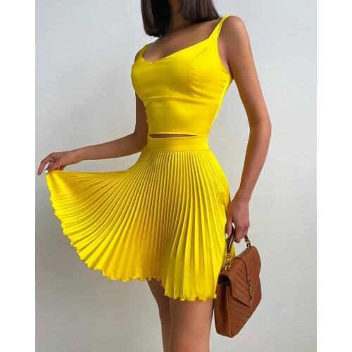 2PCS Summer Holiday Square Neck Solid Sexy Corset Crop Top & A Line Pleated Skirt Sets Two Pieces Suits Dresses Womens Clothes