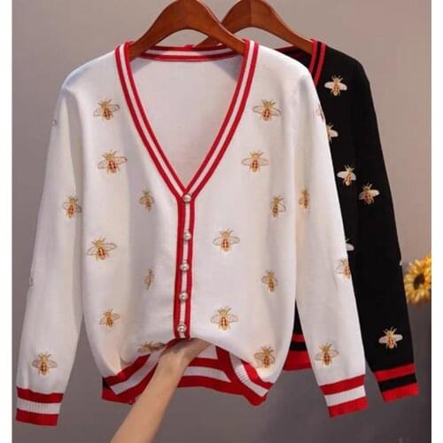 High Quality Fashion Designer Bee Embroidery Cardigan Long Sleeve Single Breasted Contrast Color Button Knitted Sweaters women