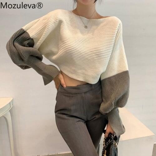 Mozuleva 2021 Casual Solid Female Sweater Jumpers Slash Neck Loose Women Puff Sleeve Knitted Pullover Autumn Winter Femme