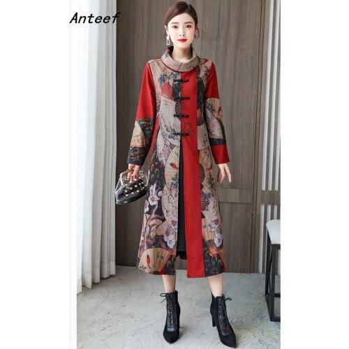 Long sleeve cotton vintage floral dresses for women casual loose autumn winter dress elegant clothes 2021