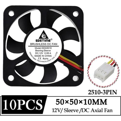 10Pcs/Lot Gdstime DC 12V Axial Fan 50x50x10mm 50mm 3PIN Brushless Cooling Fan 5cm 50mmx10mm CPU Laptop Video Card Radiator Fan