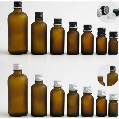 200 x 100ml 50ml 30ml 20ml 15ml 10ml 5ml Frost Amber Glass Essential Oil Bottle With Silver Black Aluminum Cap Insert