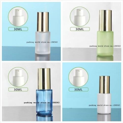 30ml frosted/blue/white/green glass bottle white pump shiny gold lid for serum/lotion/emulsion/foundation/gel cosmetic packing