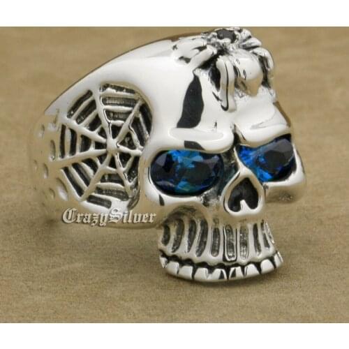 925 Sterling Silver CZ Eyes Skull Spider Net Mens Biker Rocker Punk Ring 9Q101 US Size 7~15
