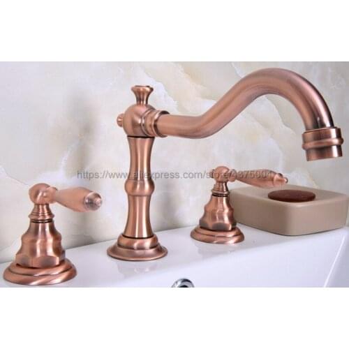 Antique Red Copper Bathroom Basin Mixer Tap Sink Faucet Double Handles 3 Hole Bathroom Basin Faucet Nrg058