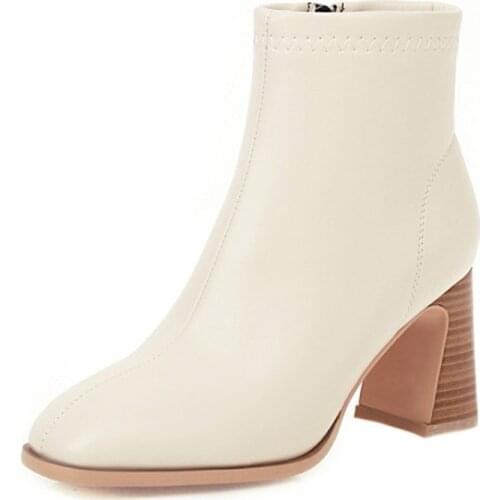 LOVIRS Women Ankle Boots 7.5cm Heel Short Square Toe Sexy Block Heel Women Side Zipper Boots Dress Women Shoes Plus Size 35-46