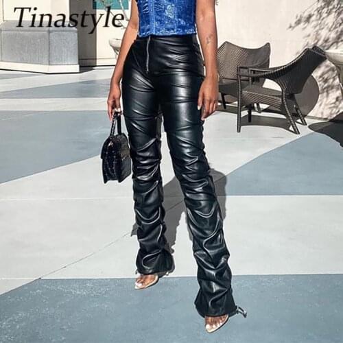 Faux PU Leather High Waist Stacked Pants Women Clothing Black Zipper Bodycon Pencil Trousers Fashion 2021 Skinny Leisure Capris