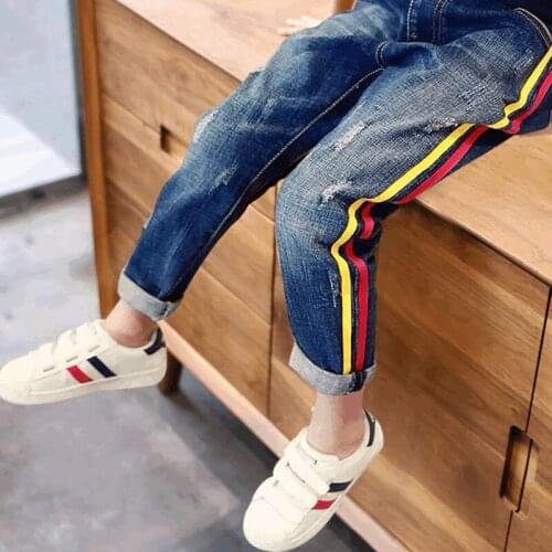Kids pants big boys casual jeans 2019 new autumn children clothes boy denim blue color kids pencil trousers child hole leggings