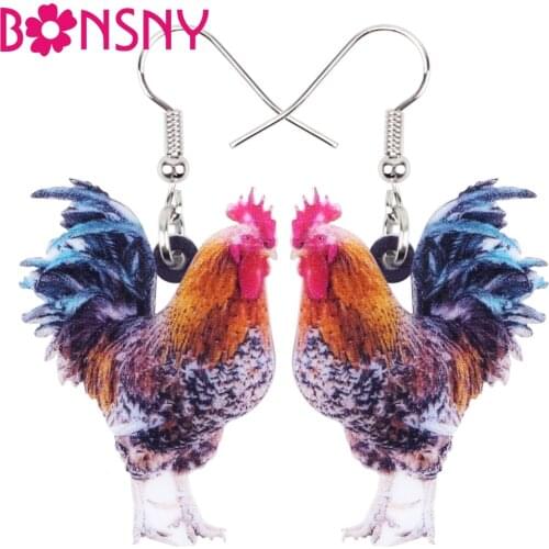 Bonsny Acrylic Floral Elegant Chicken Rooster Earrings Drop Dangle Big Long Farm Animal Jewelry For Girl Women Ladies Teens Gift