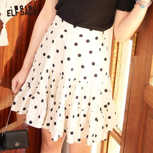 ELFSACK Polka Dot High Waist Casual Women Mini Ruffle Skirts,2021 Summer ELF Vintage,Korean Ladies Multi-Layered Bottom