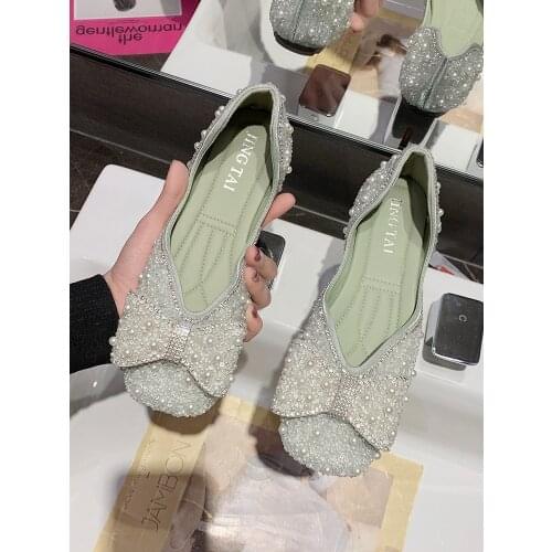 Exquisite Bowknot Pearl Square Toe Ladies Single Shoes Spring And Autumn Fashion And Elegant Flat-Bottomed Boat Shoes