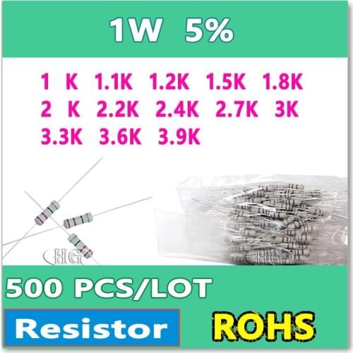 JASNPROSMA 500PCS/LOT 5% 1W 1K 1.1K 1.2K 1.5K 1.8K 2K 2.2K 2.4K 2.7K 3K 3.3K 3.6K 3.9K carbon film DIP OHM Resistor