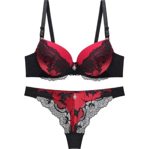DKERT Women Bra Set Push Up Sexy Lace Underwear Bra Transparent Thong Plus Size ABC Cup Bra and Panty Set