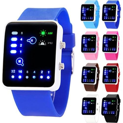 Hot Sales Casual Unisex Binaryed System LED Square Dial Silicone Band Quartz Wrist Watch