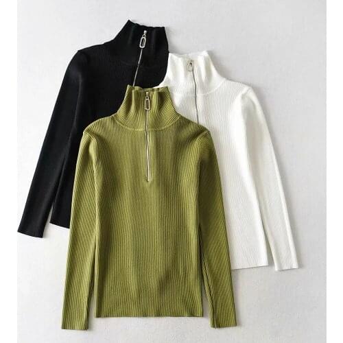 2020 Winter New Zipper Pullover Long Sleeves Turtle-neck Knitted Womens Sweater