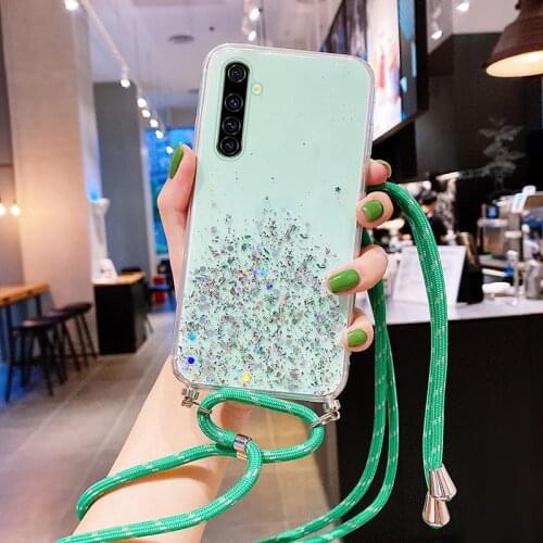 Luxury Bling Glitter Lanyard Silicone Phone Case For Realme 7 6 5 Pro X7 X2 XT X 3 C15 C12 C11 Ultra-thin Necklace Strap Cover