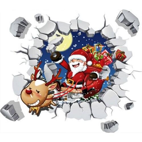 Merry Christmas 3d Santa Claus broken wall to kids room vinyl stickers home decoration Festival poster Xmas wallpaper 60*45cm