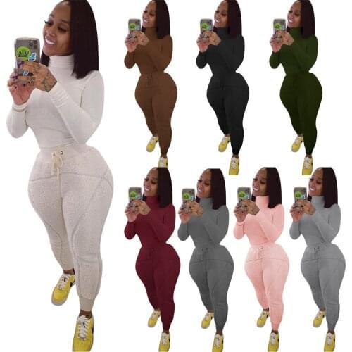 Women Solid Color Ribbed Slim Turtleneck Tops And Drawstring Cashmere Plush Sweatpant Joggers Two Piece set Casual Outfits