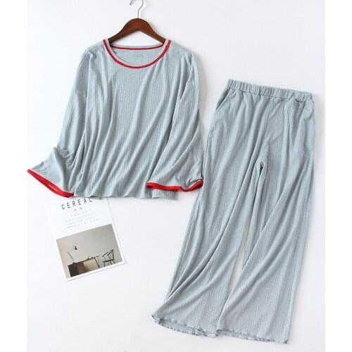 New Summer Long Sleeve 2-piece Pajamas for Women Round Neck Loungewear Sleepwear Striped Plus Size Loose Pyjamas Home Clothes